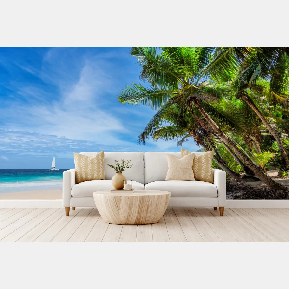 Fototapete tropischer strand mit palmen und segelboot – Wallnifity® Fototapete tropischer strand mit palmen und segelboot – Wallnifity®