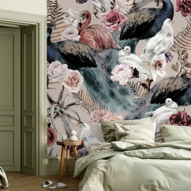 Fototapete aquarellmuster mit vögeln und rosen
