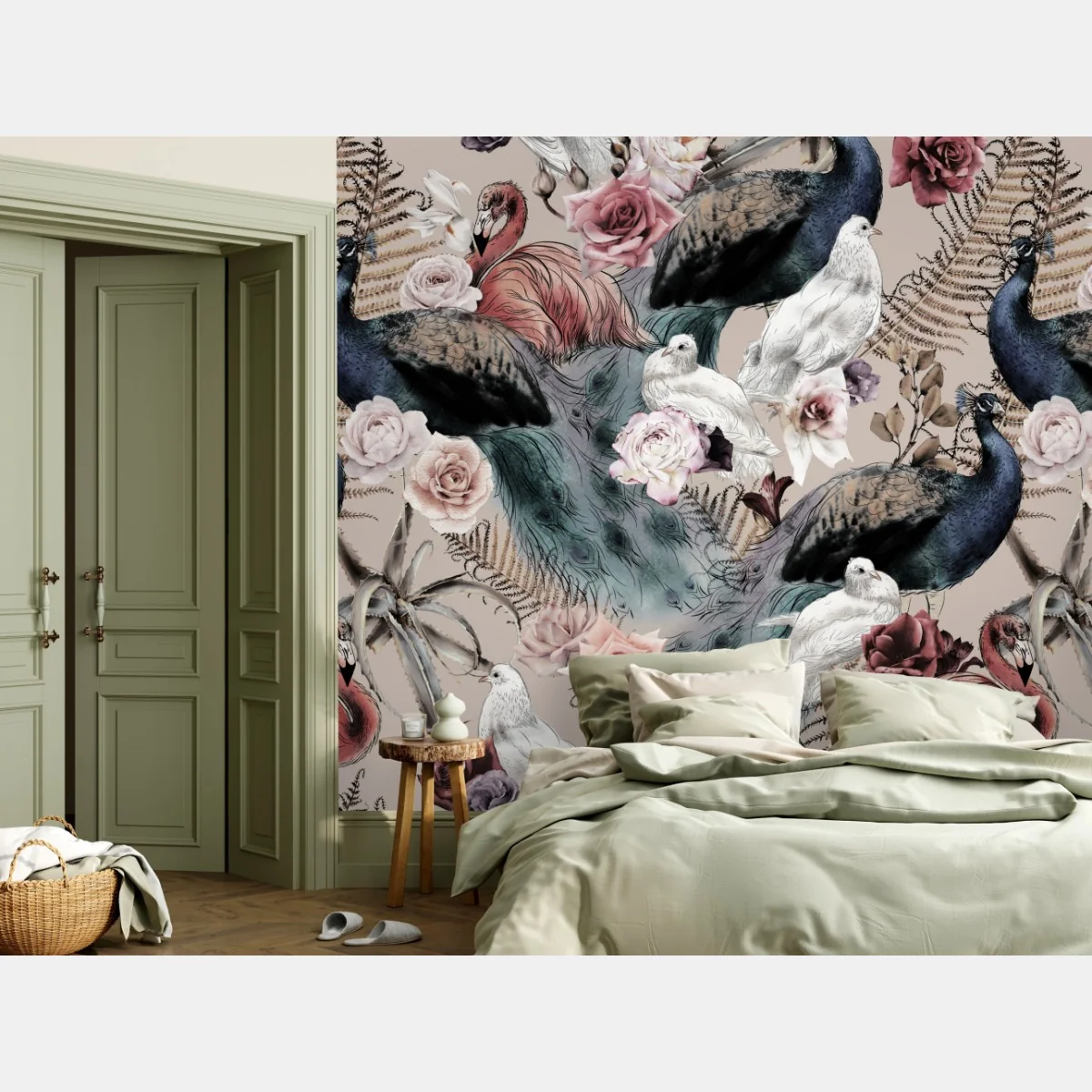 Fototapete aquarellmuster mit vögeln und rosen – Wallnifity® Fototapete aquarellmuster mit vögeln und rosen – Wallnifity®