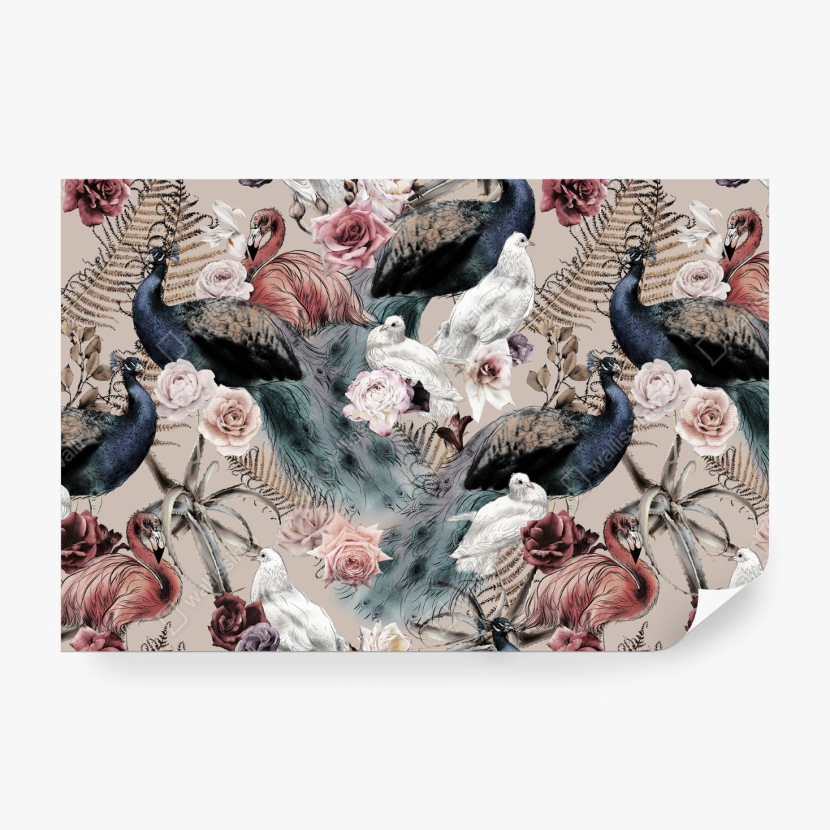 Fototapete aquarellmuster mit vögeln und rosen – Wallnifity® Fototapete aquarellmuster mit vögeln und rosen – Wallnifity®