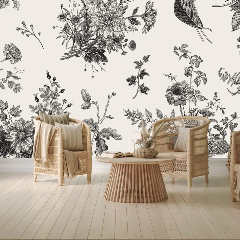 Fototapete klassisches schwarzweißes blumenmuster