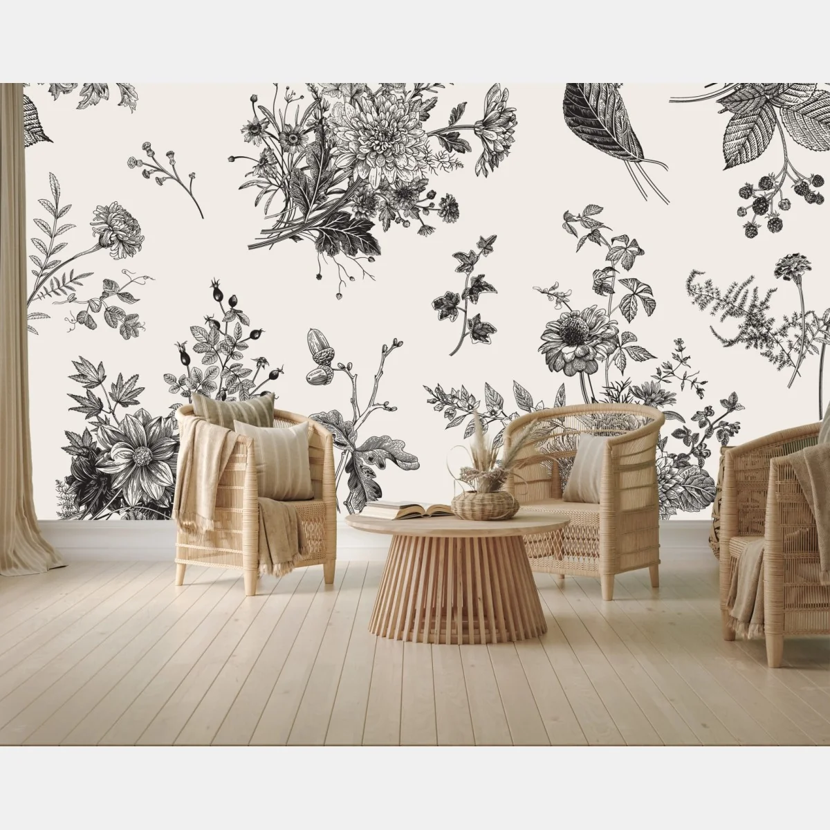 Fototapete klassisches schwarzweißes blumenmuster – Wallnifity®
