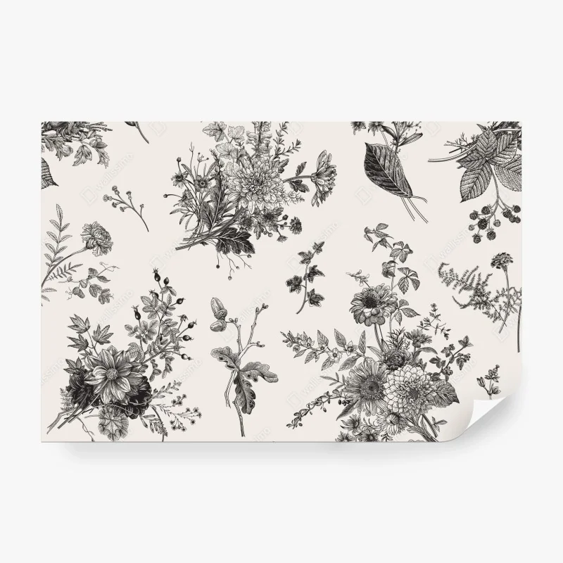 Fototapete klassisches schwarzweißes blumenmuster