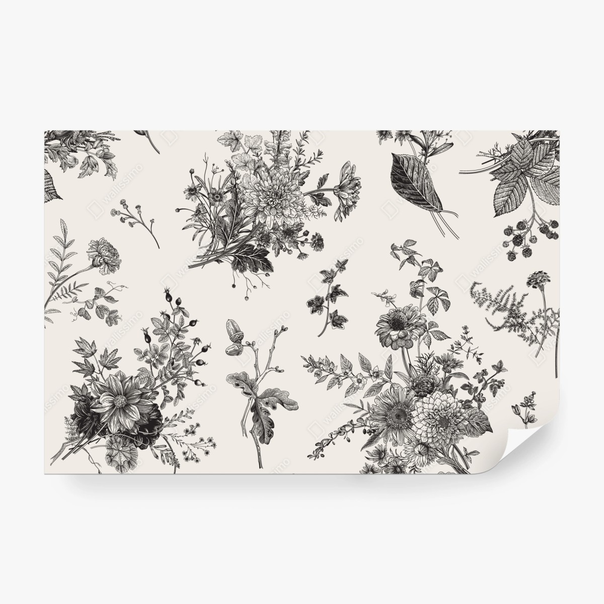 Fototapete klassisches schwarzweißes blumenmuster – Wallnifity®