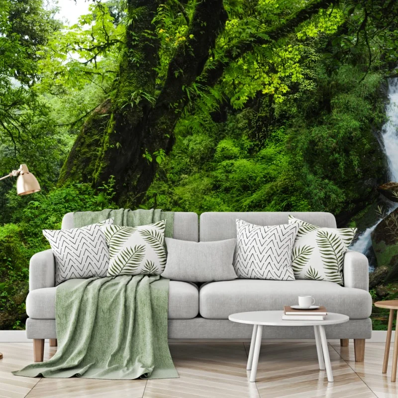 Fototapete üppiger grüner wasserfall im wald – Wallnifity® Fototapete üppiger grüner wasserfall im wald – Wallnifity®