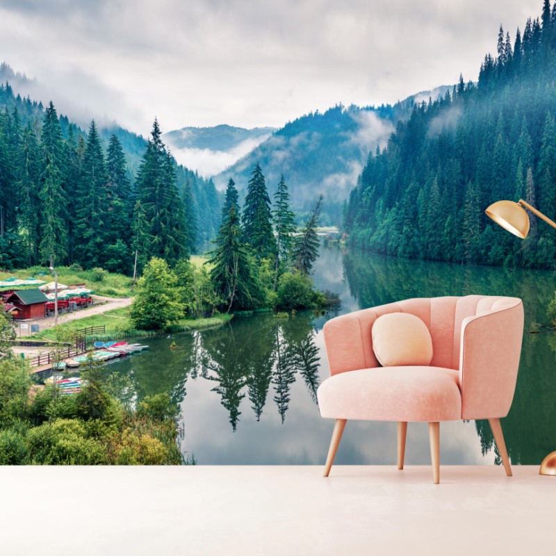 Fototapete nebliger morgen am Lacu Rosu