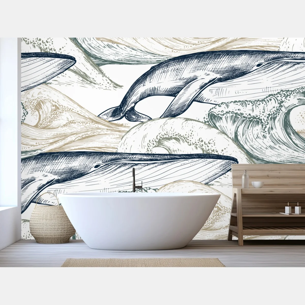 Fototapete handgezeichnete wale und ozeanwellen – Wallnifity®