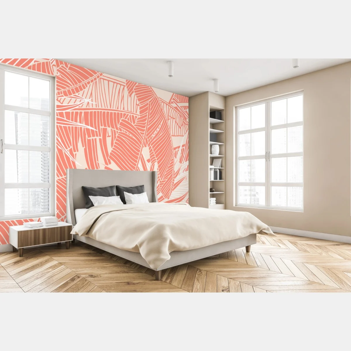 Fototapete korallenfarbenes tropisches blattmuster – Wallnifity® Fototapete korallenfarbenes tropisches blattmuster – Wallnifity®