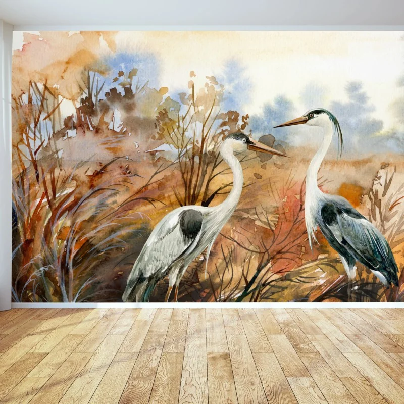 Fototapete zwei reiher im herbstlichen sumpf – Wallnifity® Fototapete zwei reiher im herbstlichen sumpf – Wallnifity®