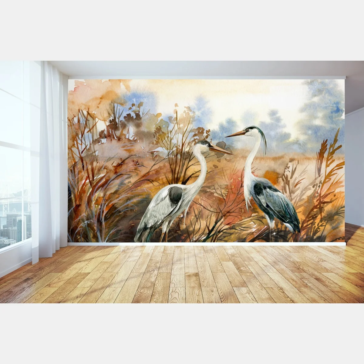 Fototapete zwei reiher im herbstlichen sumpf – Wallnifity® Fototapete zwei reiher im herbstlichen sumpf – Wallnifity®
