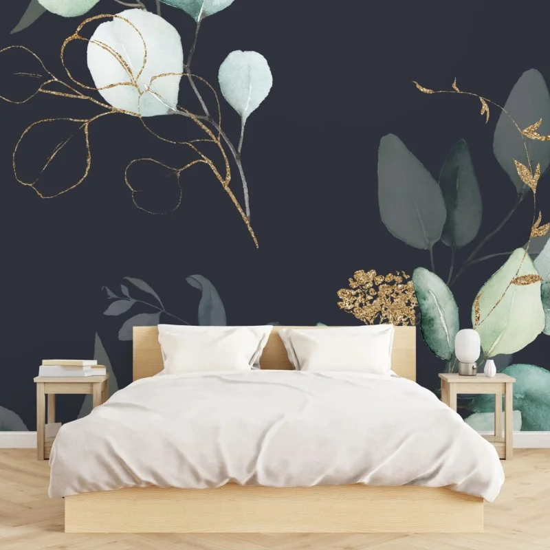 Fototapete eukalyptus aquarellblätter auf dunklem hintergrund