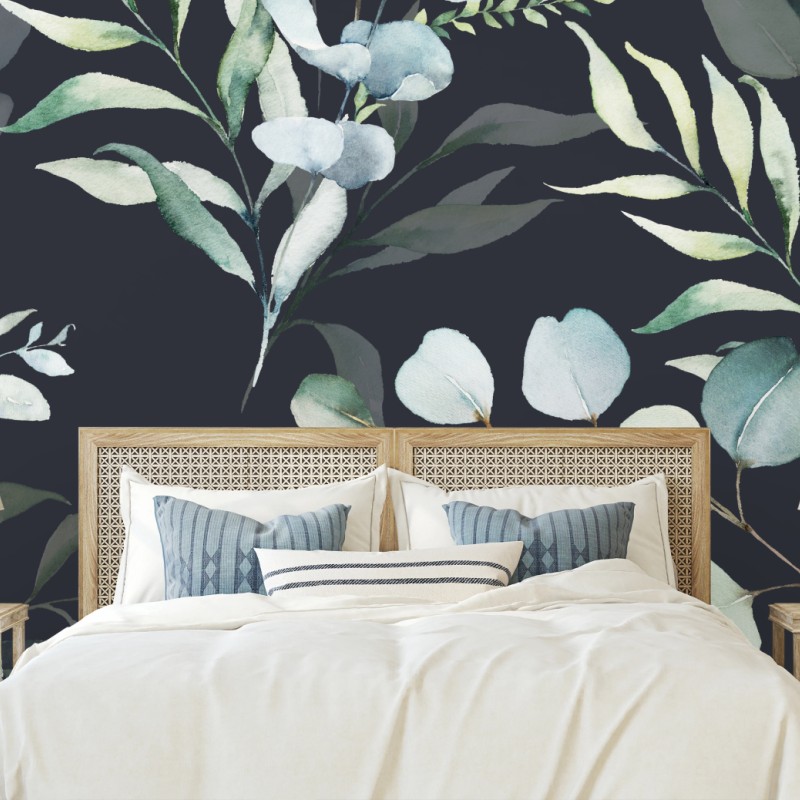 Fototapete eukalyptus aquarell botanisches muster auf dunklem hintergrund