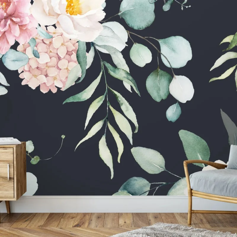 Fototapete elegantes aquarell-blumenmuster auf dunklem hintergrund – Wallnifity® Fototapete elegantes aquarell-blumenmuster auf dunklem hintergrund – Wallnifity®