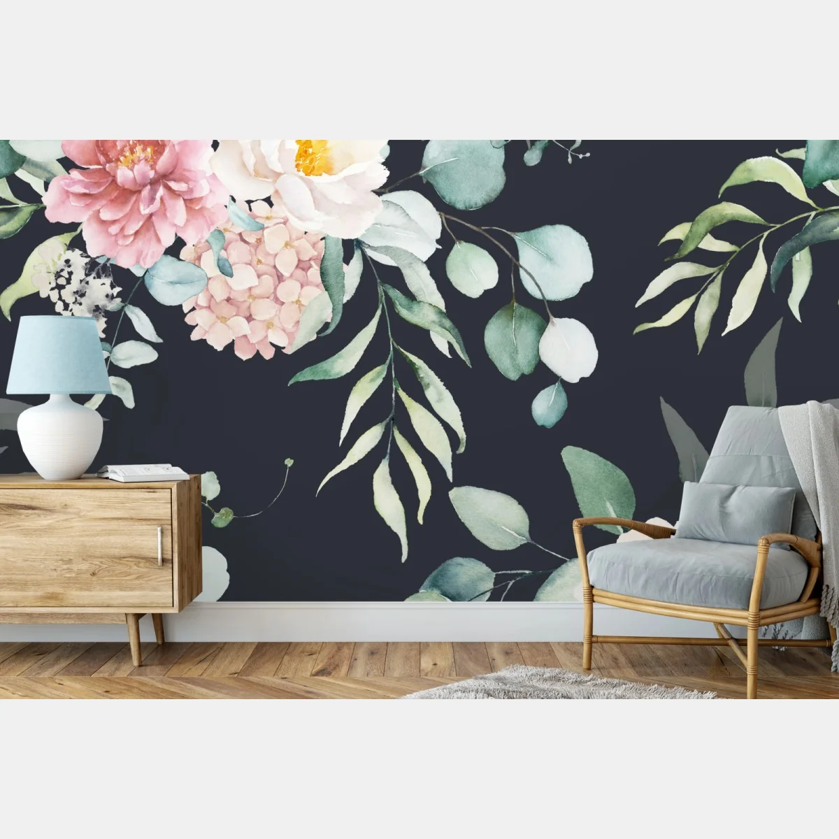 Fototapete elegantes aquarell-blumenmuster auf dunklem hintergrund – Wallnifity® Fototapete elegantes aquarell-blumenmuster auf dunklem hintergrund – Wallnifity®