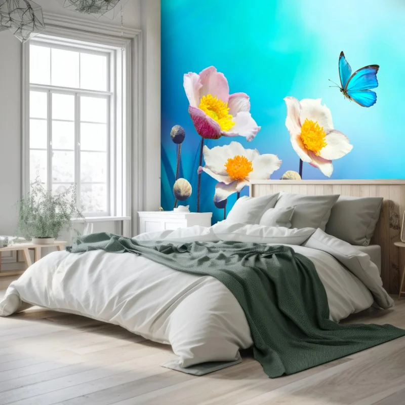 Fototapete zarte rosa anemonen und blauer schmetterling