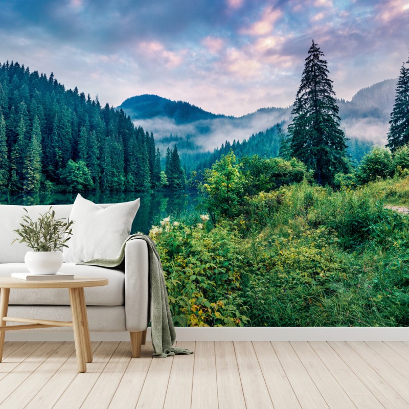 Fototapete nebliger sonnenaufgang über Lacu Rosu