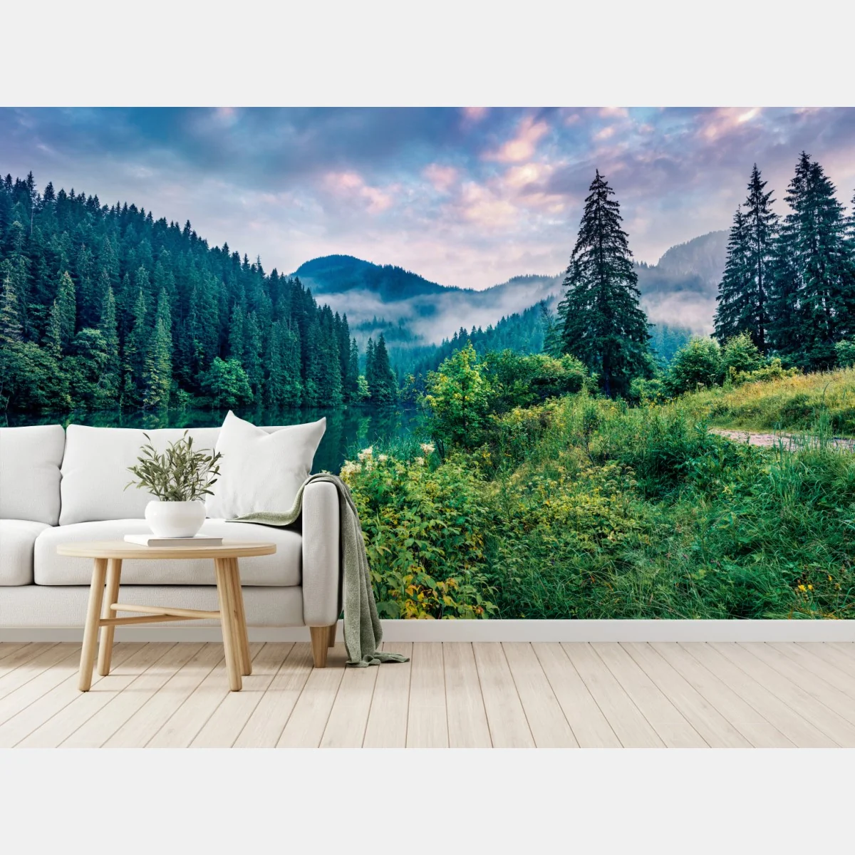 Fototapete nebliger sonnenaufgang über Lacu Rosu – Wallnifity®