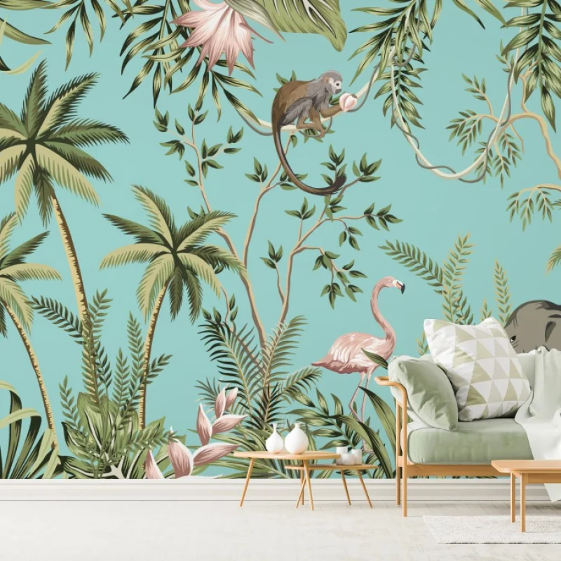 Fototapete tropische dschungelszene mit elefant und flamingo