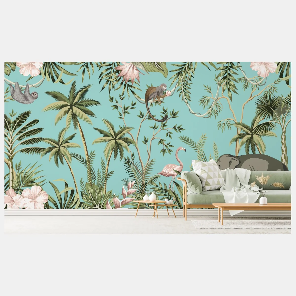 Fototapete tropische dschungelszene mit elefant und flamingo – Wallnifity®