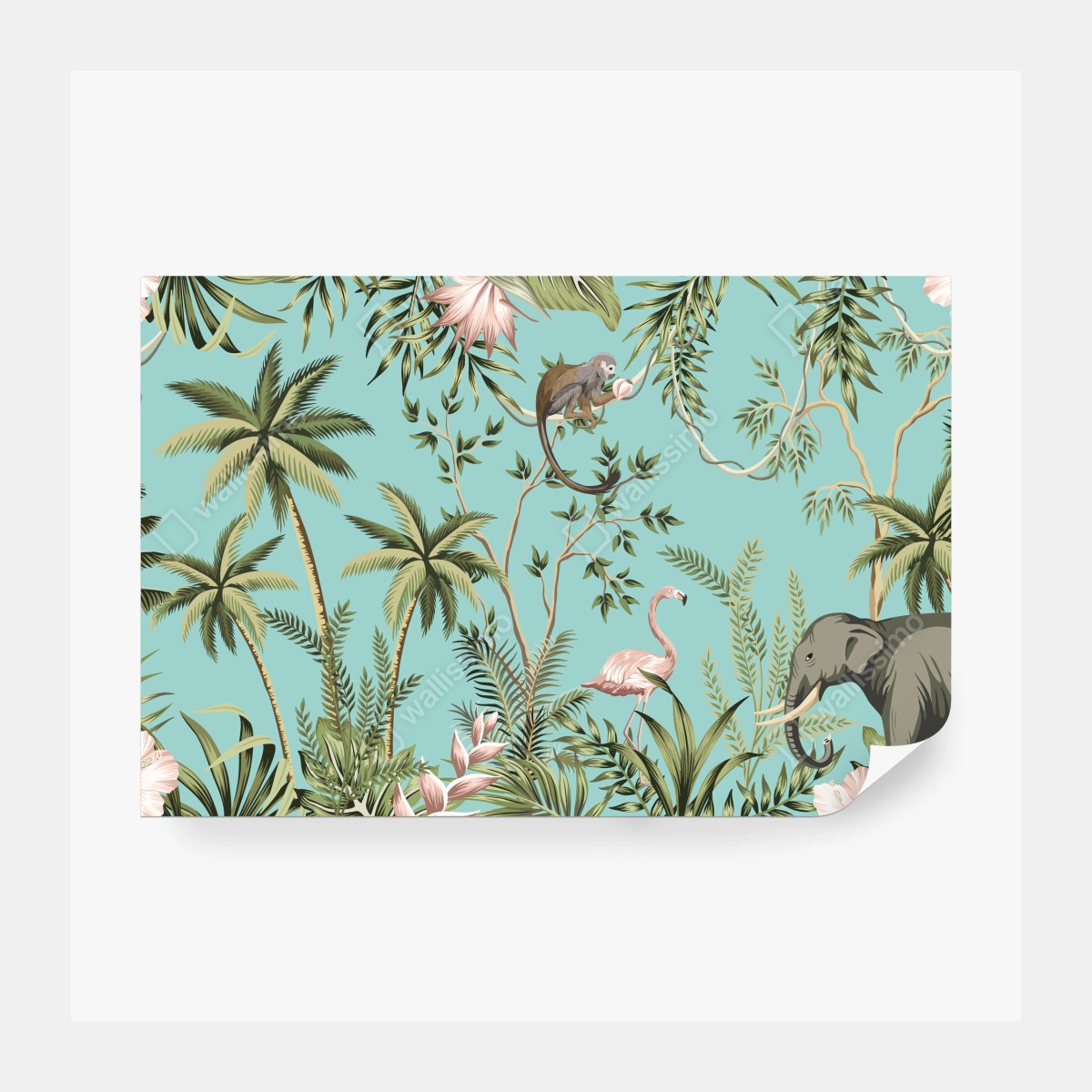 Fototapete tropische dschungelszene mit elefant und flamingo – Wallnifity®