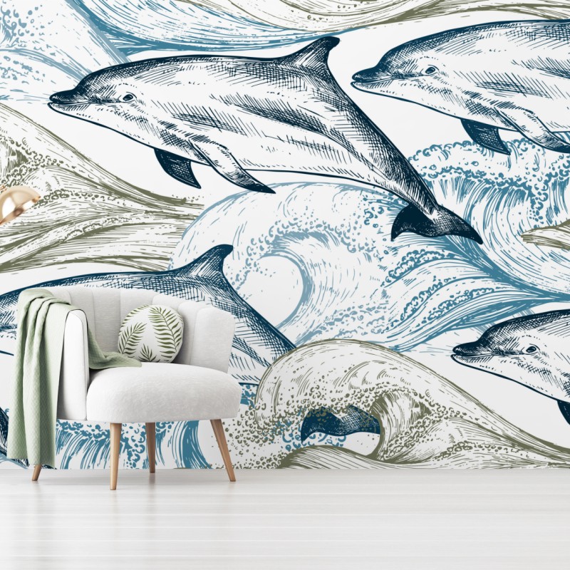 Fototapete vintage delfine ozeanillustration