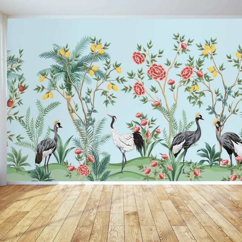 Fototapete eleganter kranichgarten mit blüten