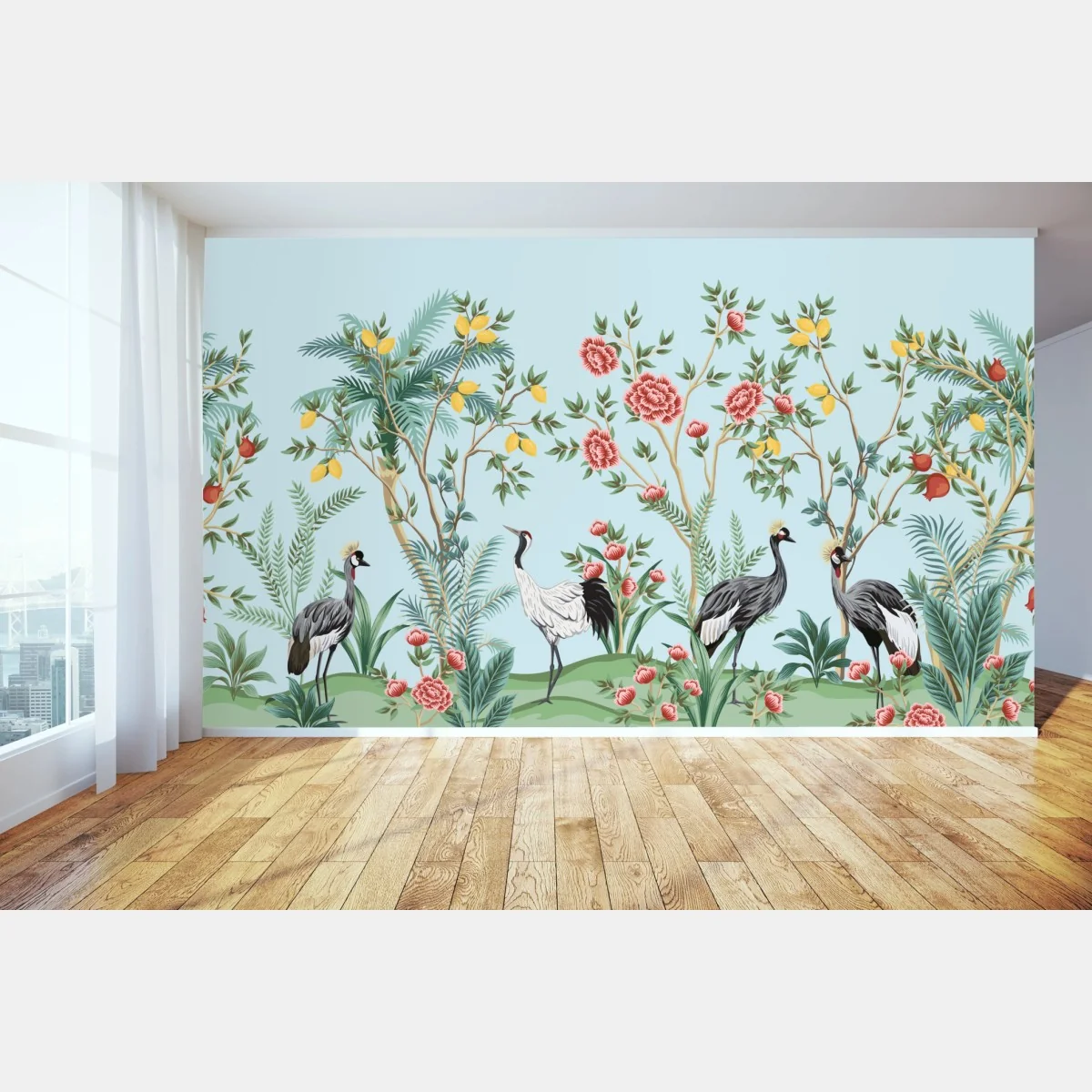 Fototapete eleganter kranichgarten mit blüten – Wallnifity®