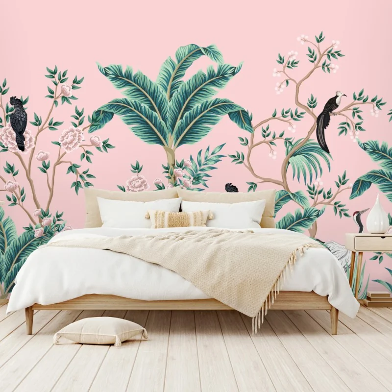 Fototapete pastell tropisches botanisches muster mit kranichen – Wallnifity® Fototapete pastell tropisches botanisches muster mit kranichen – Wallnifity®