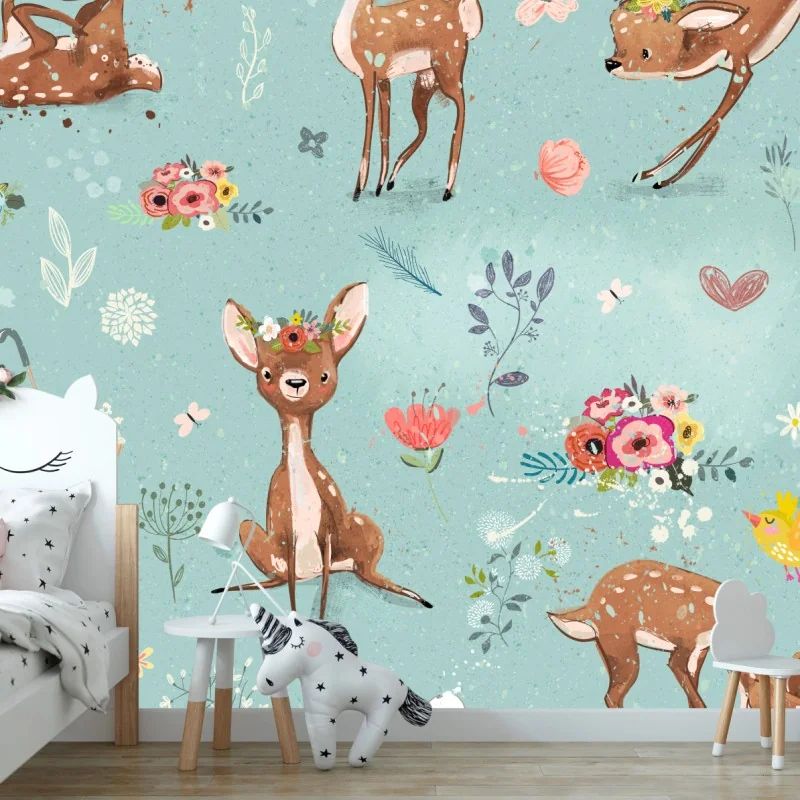 Fototapete pastellmuster mit rehkitzen und hasen – Wallnifity® Fototapete pastellmuster mit rehkitzen und hasen – Wallnifity®