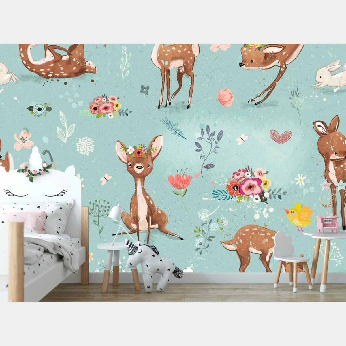 Fototapete pastellmuster mit rehkitzen und hasen – Wallnifity® Fototapete pastellmuster mit rehkitzen und hasen – Wallnifity®