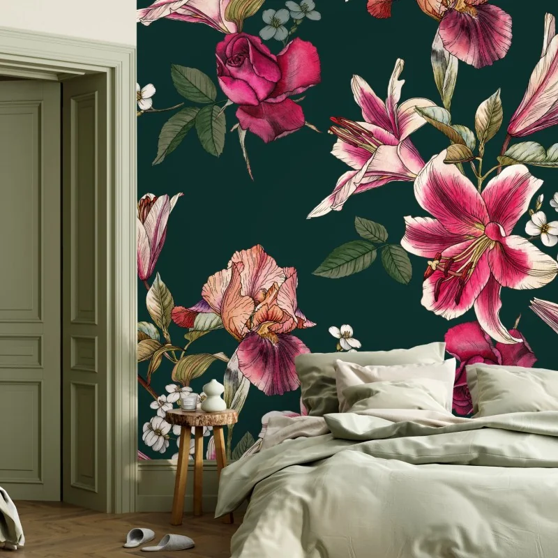 Fototapete vintage botanisches floralmuster auf tiefgrün – Wallnifity® Fototapete vintage botanisches floralmuster auf tiefgrün – Wallnifity®