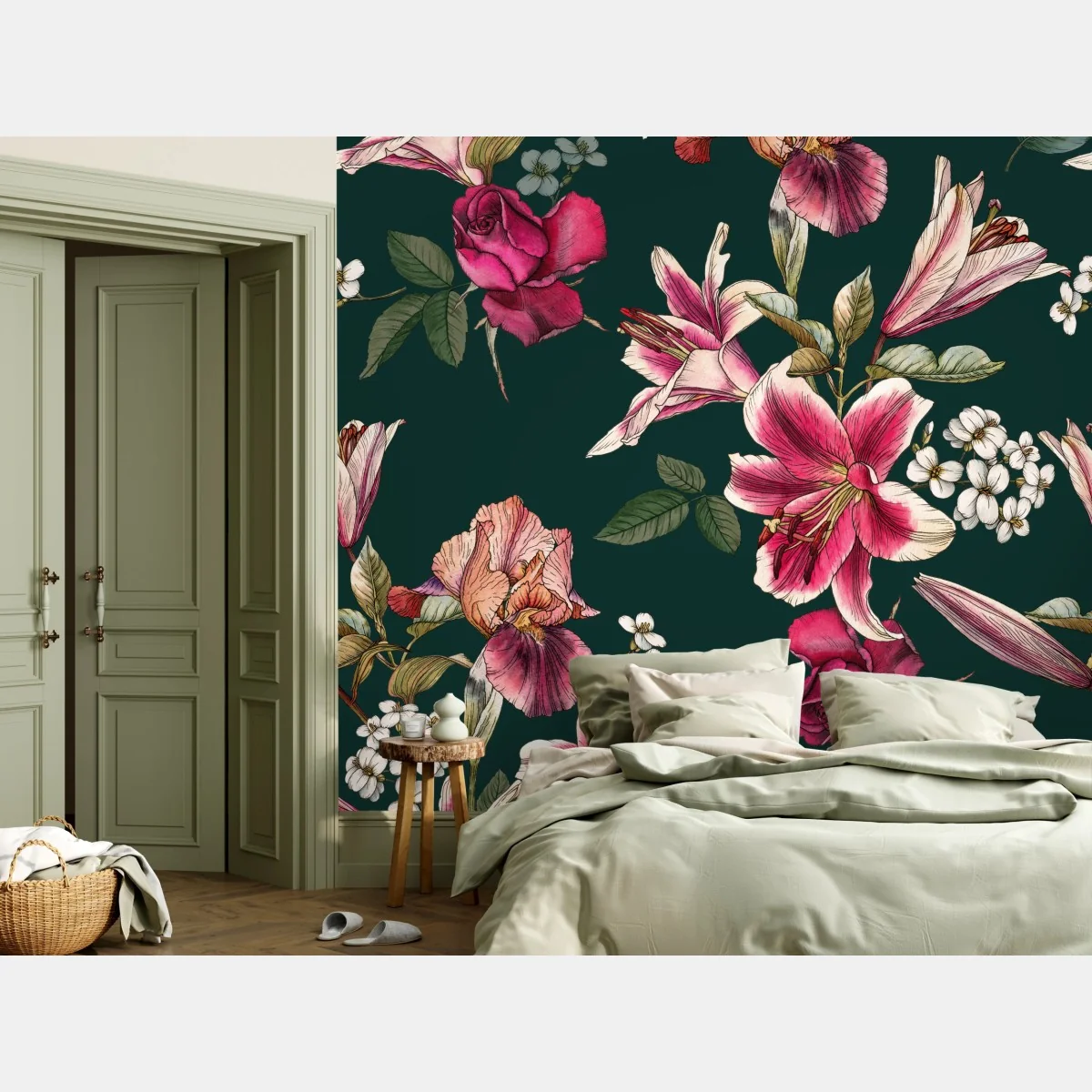 Fototapete vintage botanisches floralmuster auf tiefgrün – Wallnifity® Fototapete vintage botanisches floralmuster auf tiefgrün – Wallnifity®