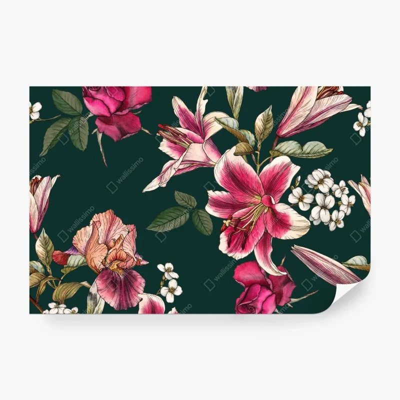 Fototapete vintage botanisches floralmuster auf tiefgrün