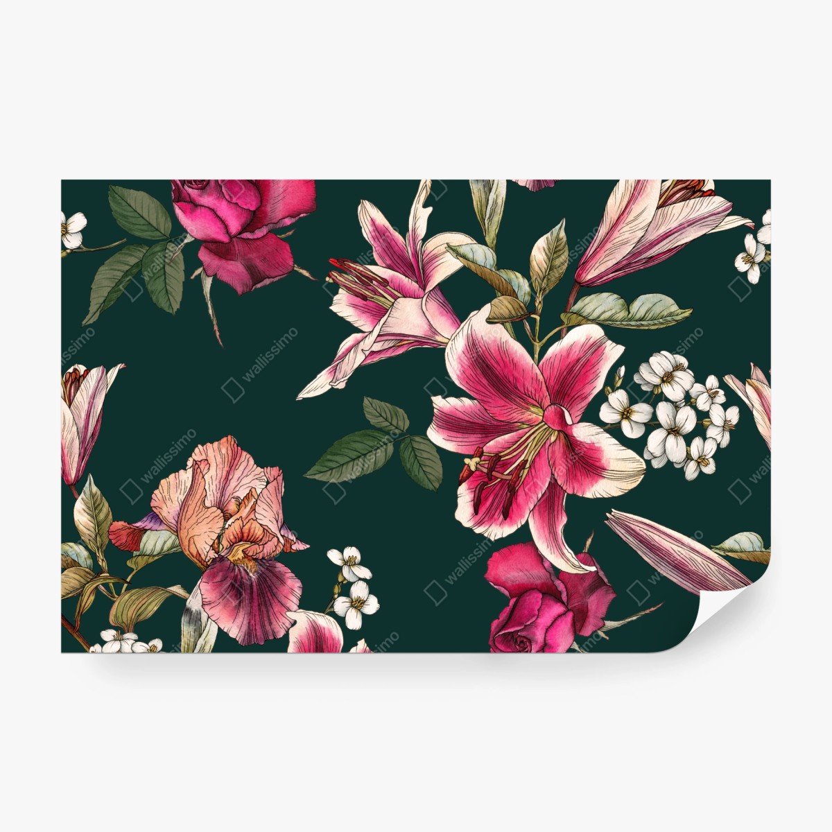 Fototapete vintage botanisches floralmuster auf tiefgrün – Wallnifity® Fototapete vintage botanisches floralmuster auf tiefgrün – Wallnifity®