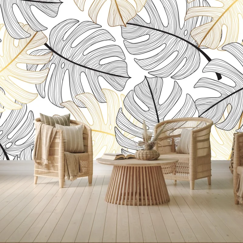 Fototapete monstera-blattmuster mit goldakzenten – Wallnifity® Fototapete monstera-blattmuster mit goldakzenten – Wallnifity®