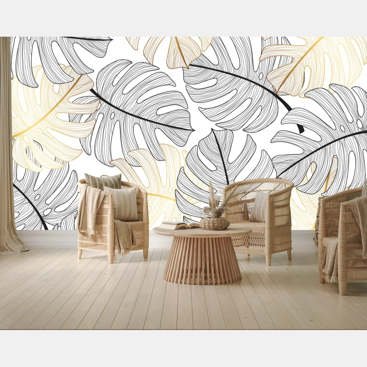 Fototapete monstera-blattmuster mit goldakzenten – Wallnifity® Fototapete monstera-blattmuster mit goldakzenten – Wallnifity®