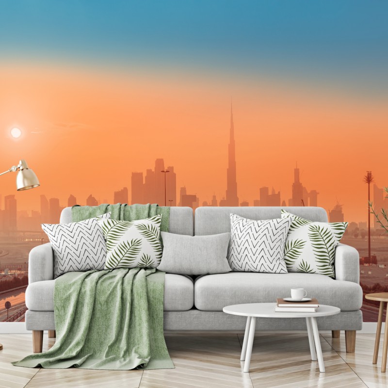 Fototapete Dubai skyline bei sonnenaufgang