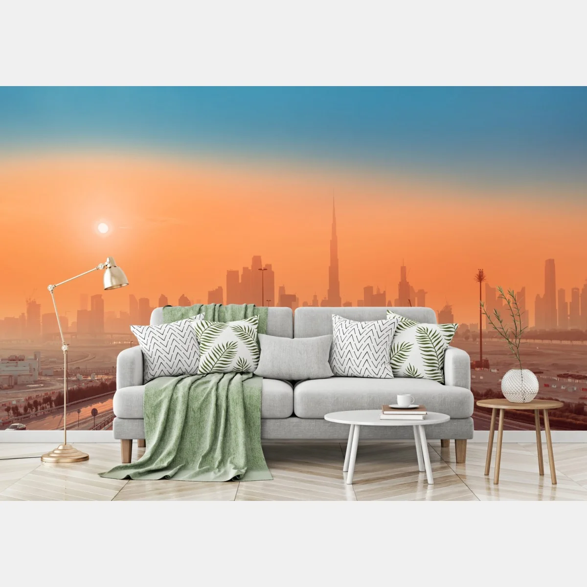 Fototapete Dubai skyline bei sonnenaufgang – Wallnifity® Fototapete Dubai skyline bei sonnenaufgang – Wallnifity®