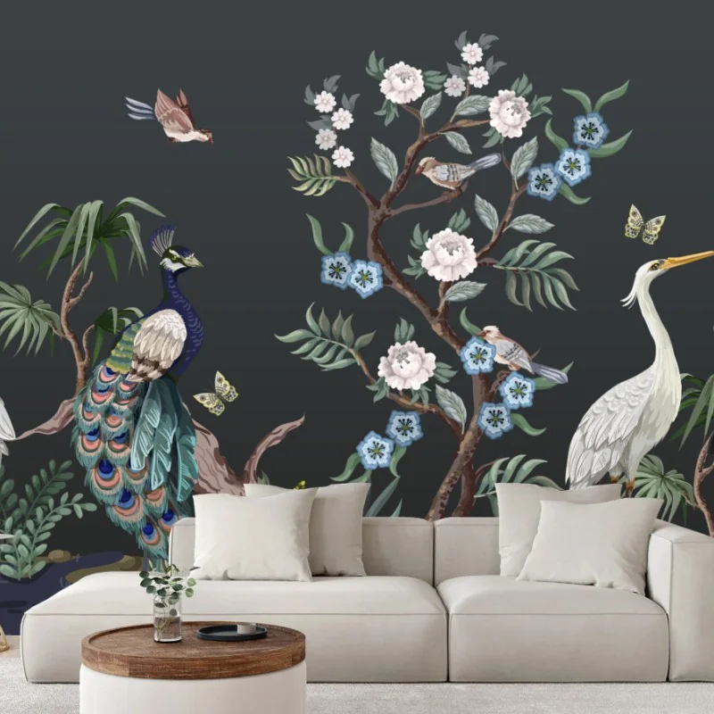 Fototapete pfau und reiher im blumenmuster