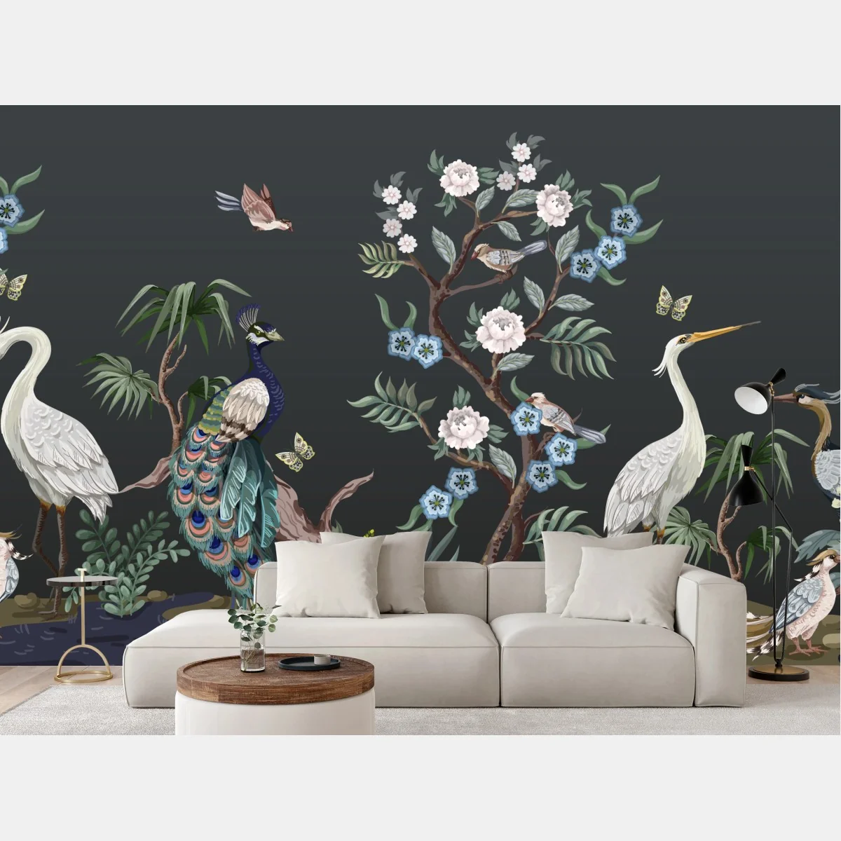 Fototapete pfau und reiher im blumenmuster – Wallnifity® Fototapete pfau und reiher im blumenmuster – Wallnifity®