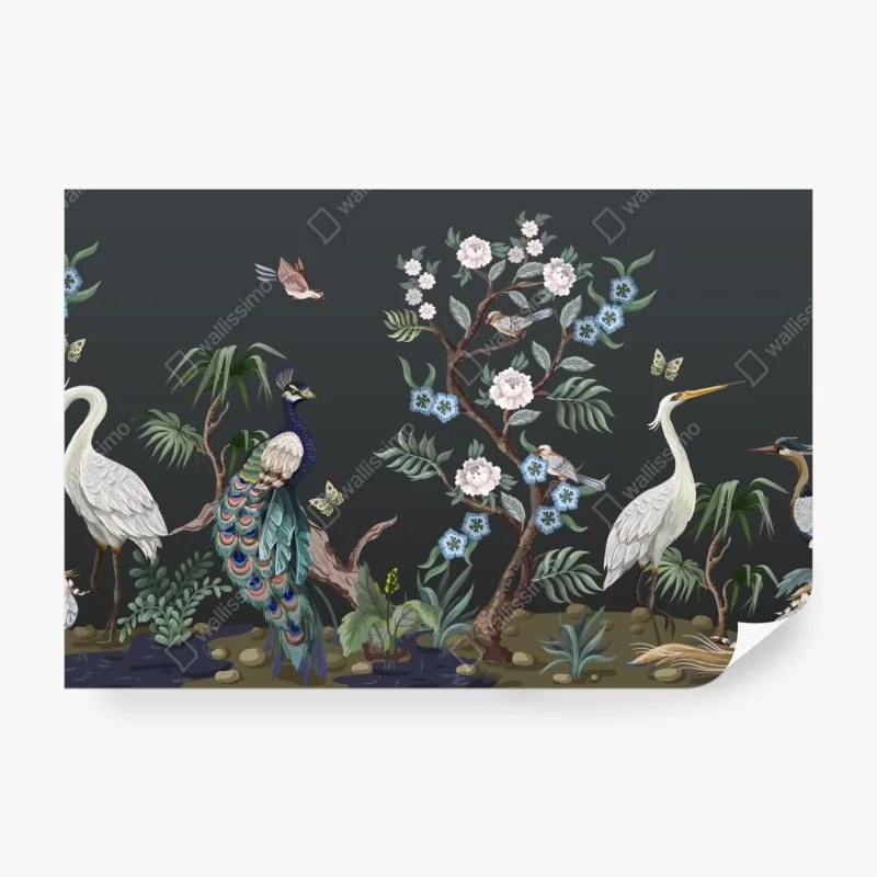 Fototapete pfau und reiher im blumenmuster