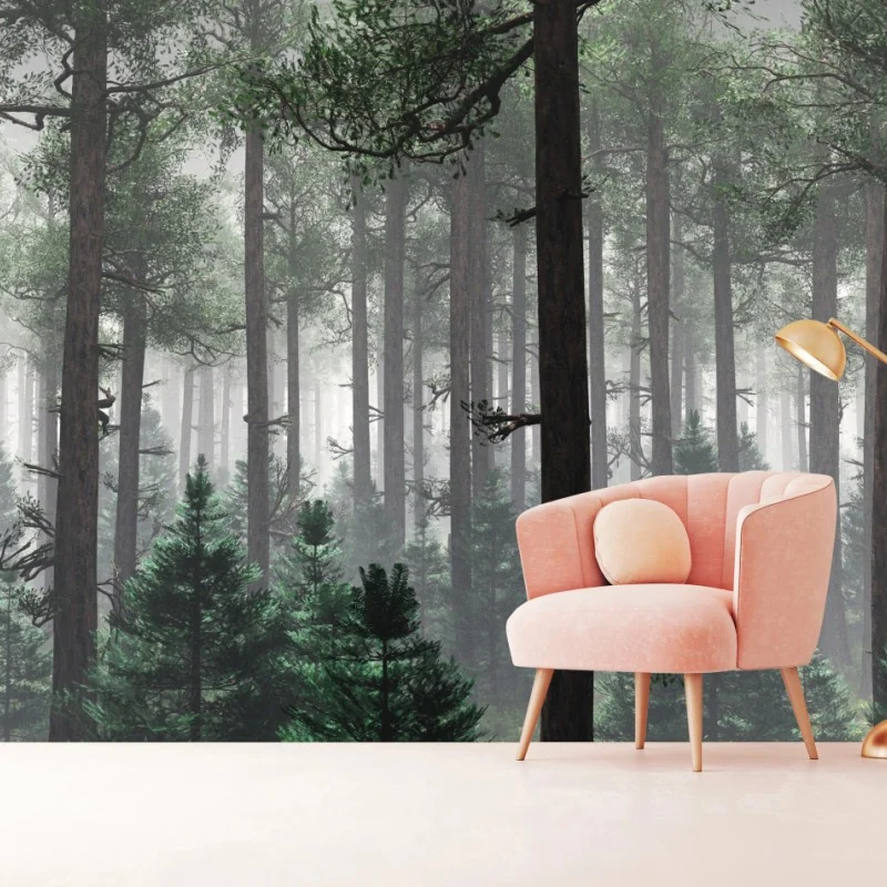 Fototapete nebliger immergrüner wald