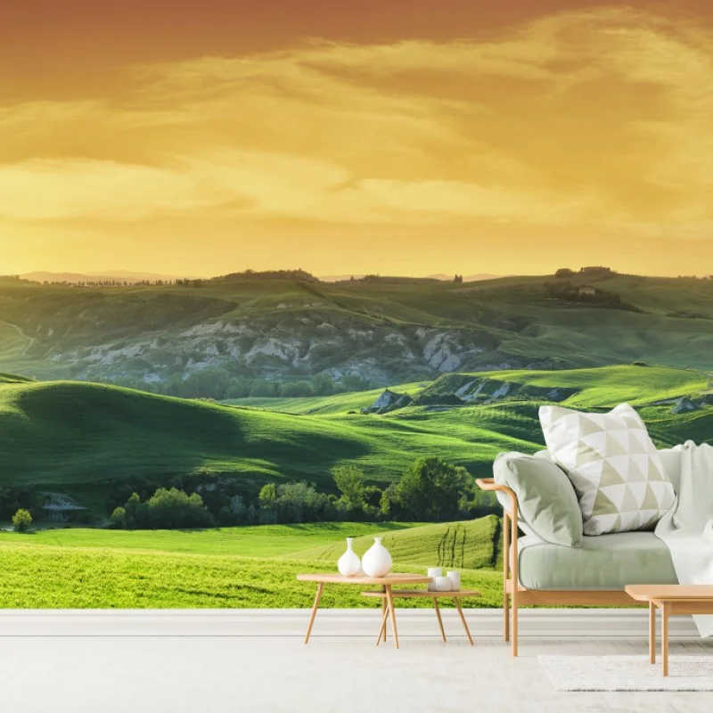 Fototapete Toskana hügel im sonnenuntergang