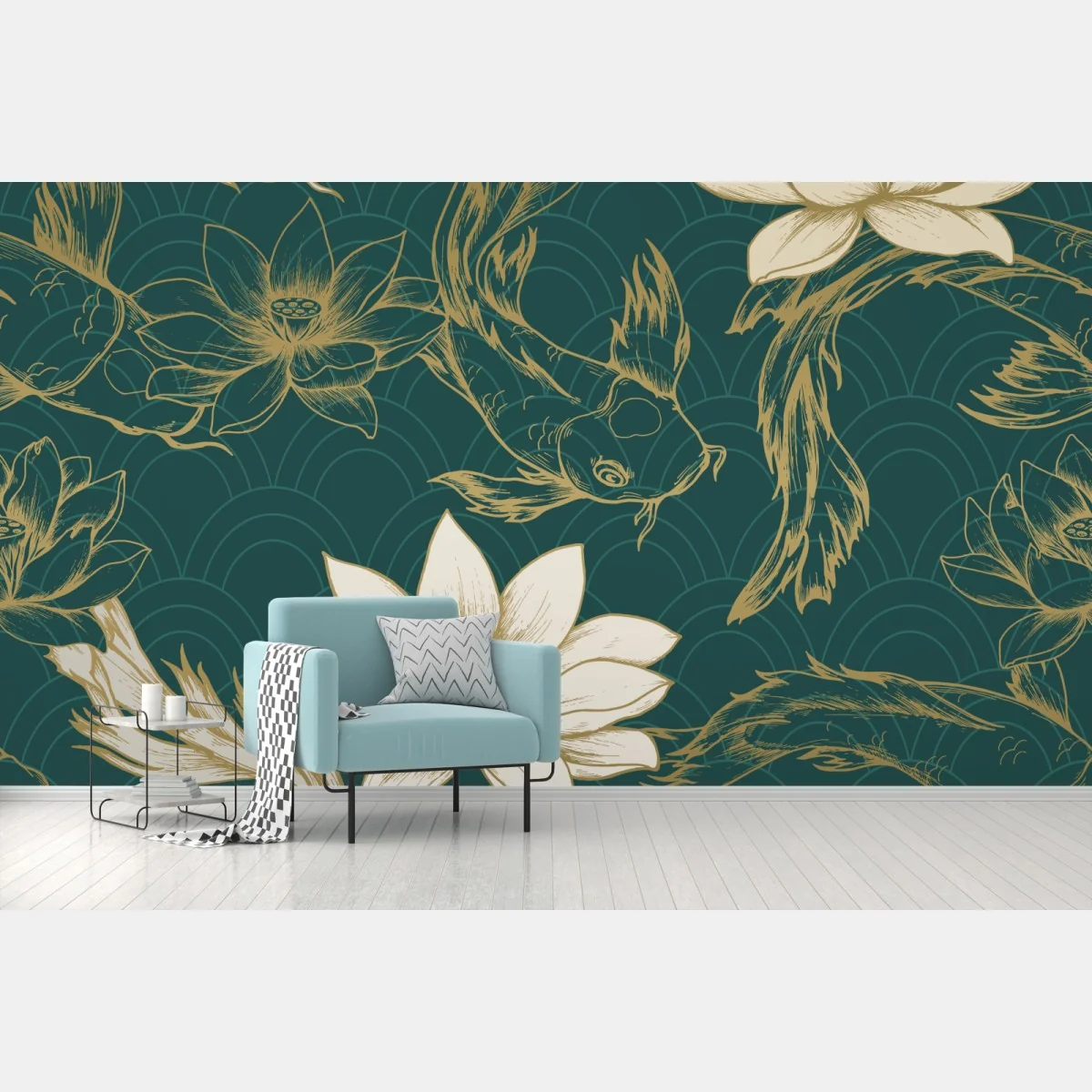 Fototapete orientalisches koi- und lotosmuster in türkis und gold – Wallnifity®