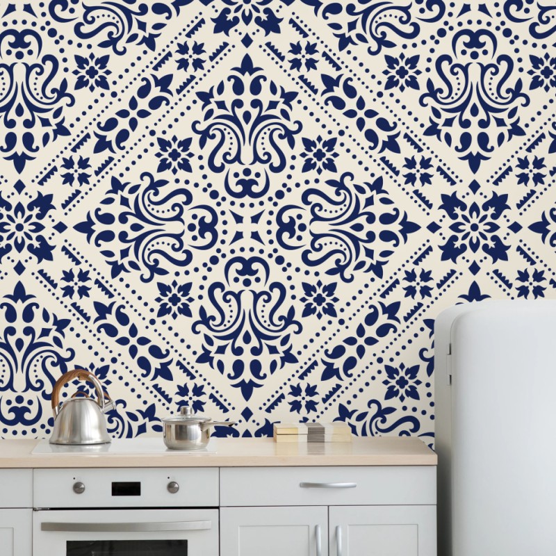 Fototapete marineblaues damast-fliesenmuster