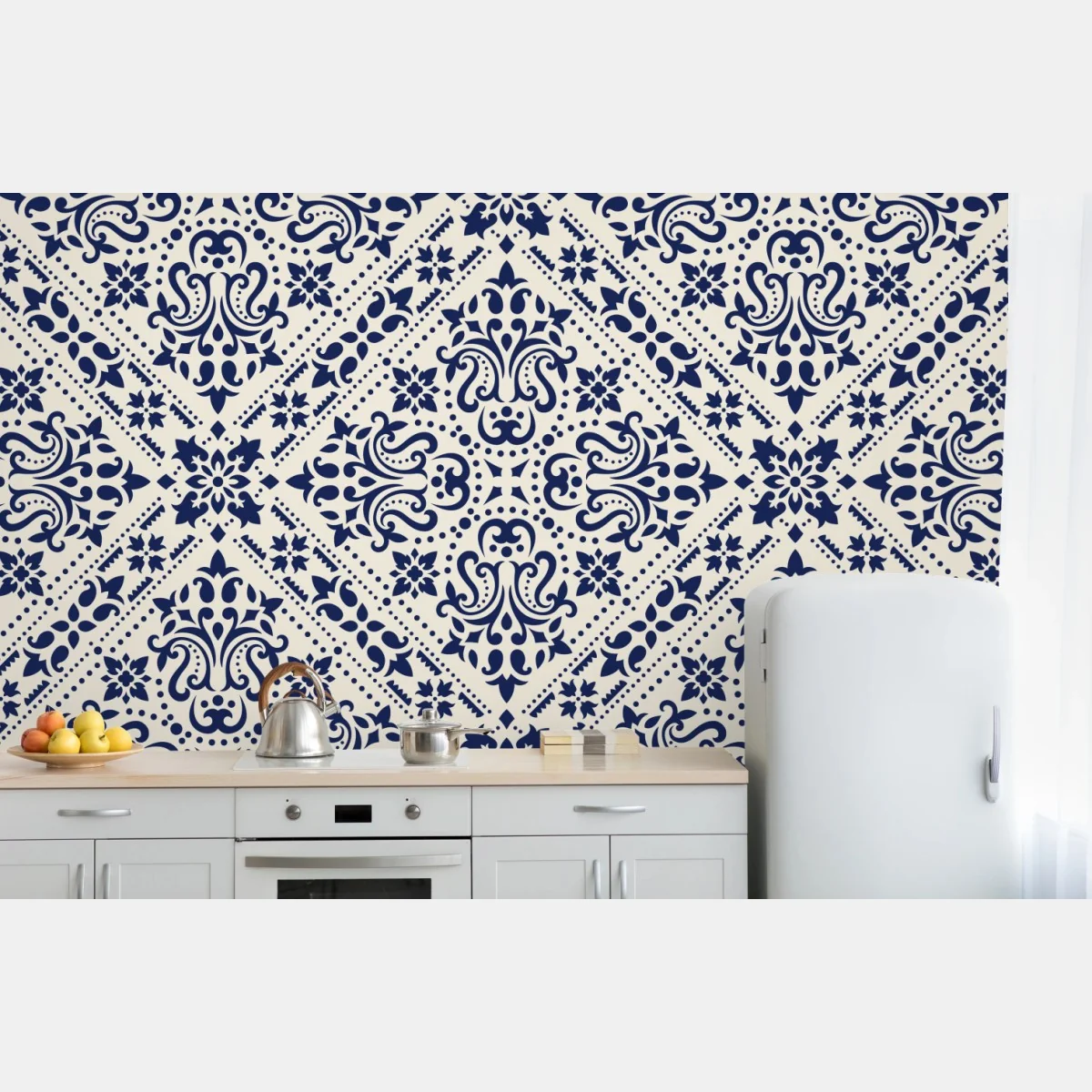 Fototapete marineblaues damast-fliesenmuster – Wallnifity®
