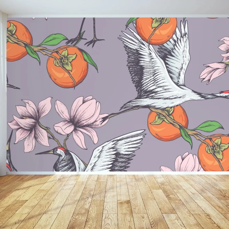 Fototapete anmutige kraniche und kakis mit magnolien