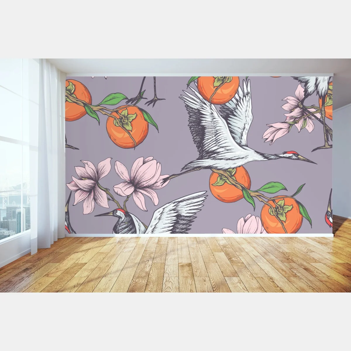 Fototapete anmutige kraniche und kakis mit magnolien – Wallnifity®