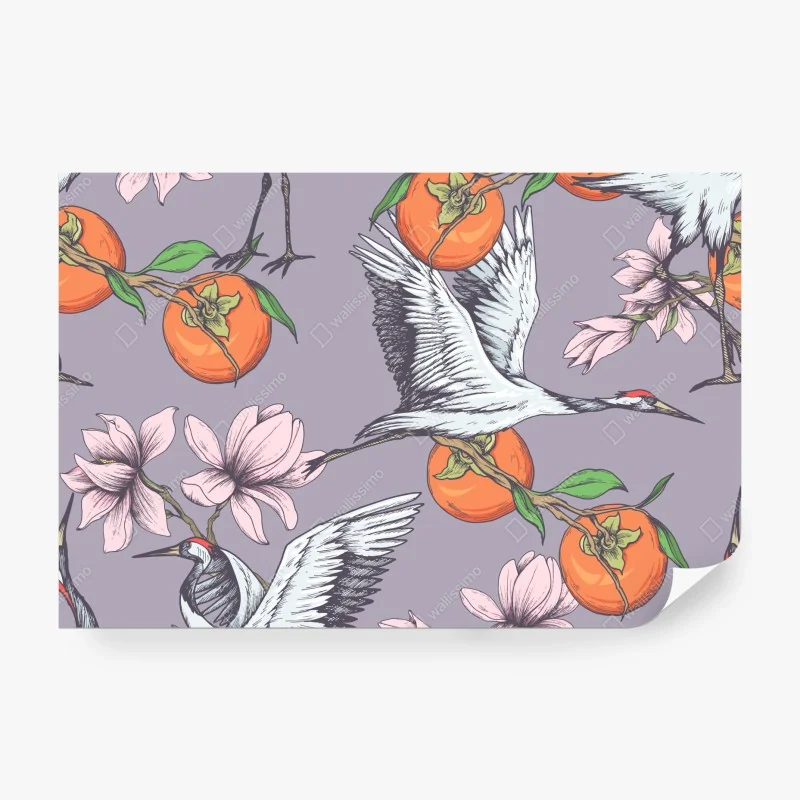 Fototapete anmutige kraniche und kakis mit magnolien