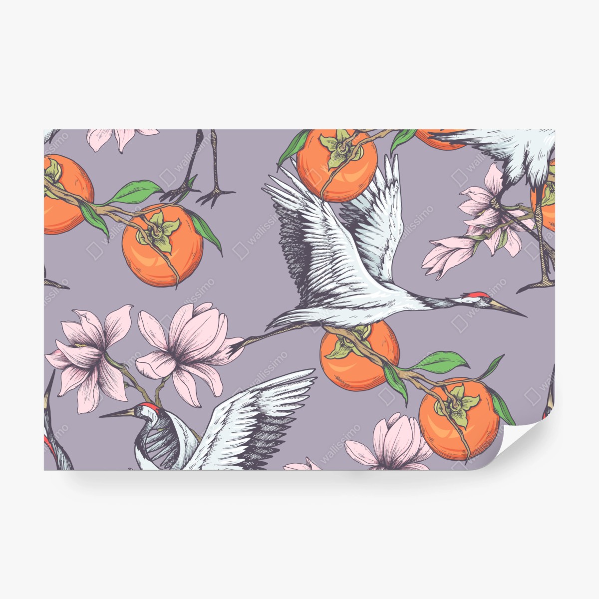 Fototapete anmutige kraniche und kakis mit magnolien – Wallnifity®